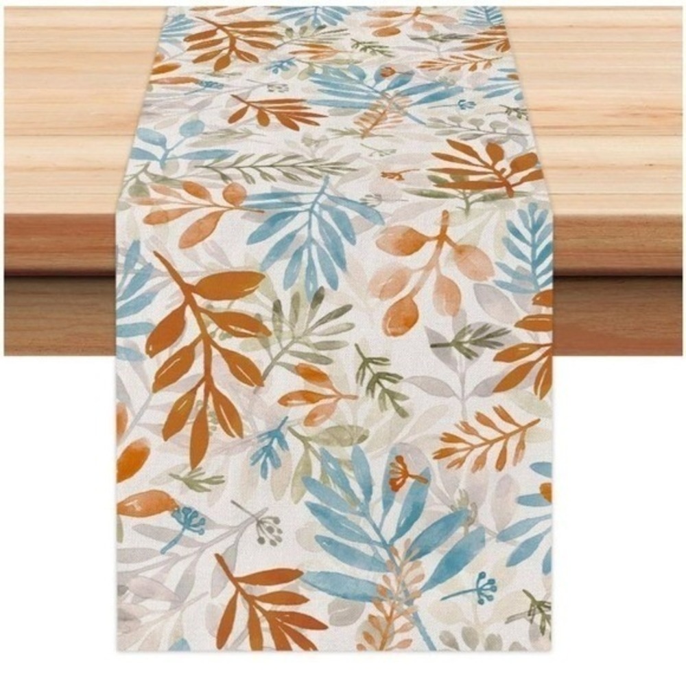 Table Runner Autumn Watercolor Leaf Orange Blue 13x61 Excellent